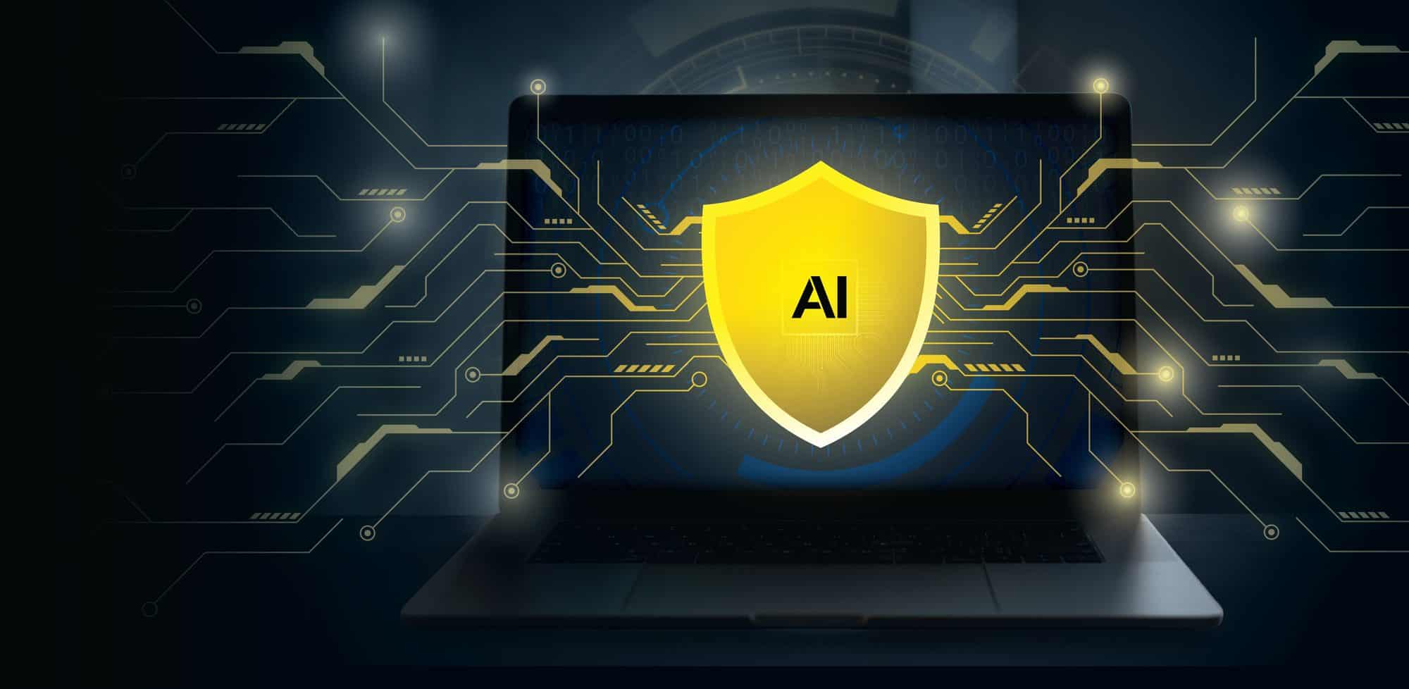 Laptop with a glowing yellow AI shield on its screen, surrounded by circuit lines