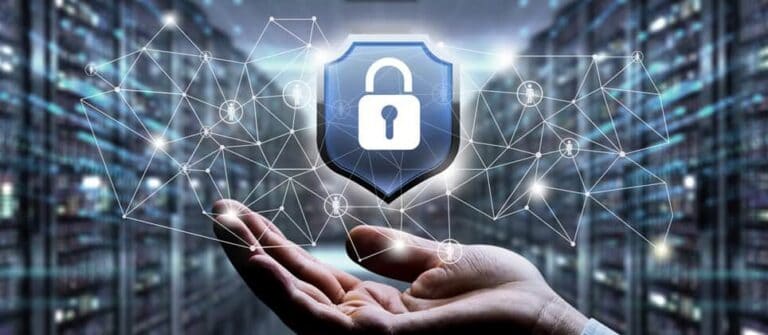 Digital shield and padlock illustrating cybersecurity, trusted systems and cyber resilience